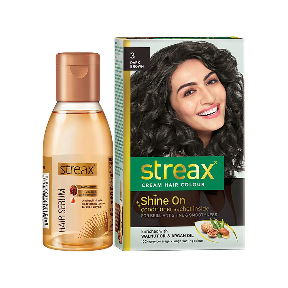 Streax Cream Hair Colour - Dark Brown + Hair Serum