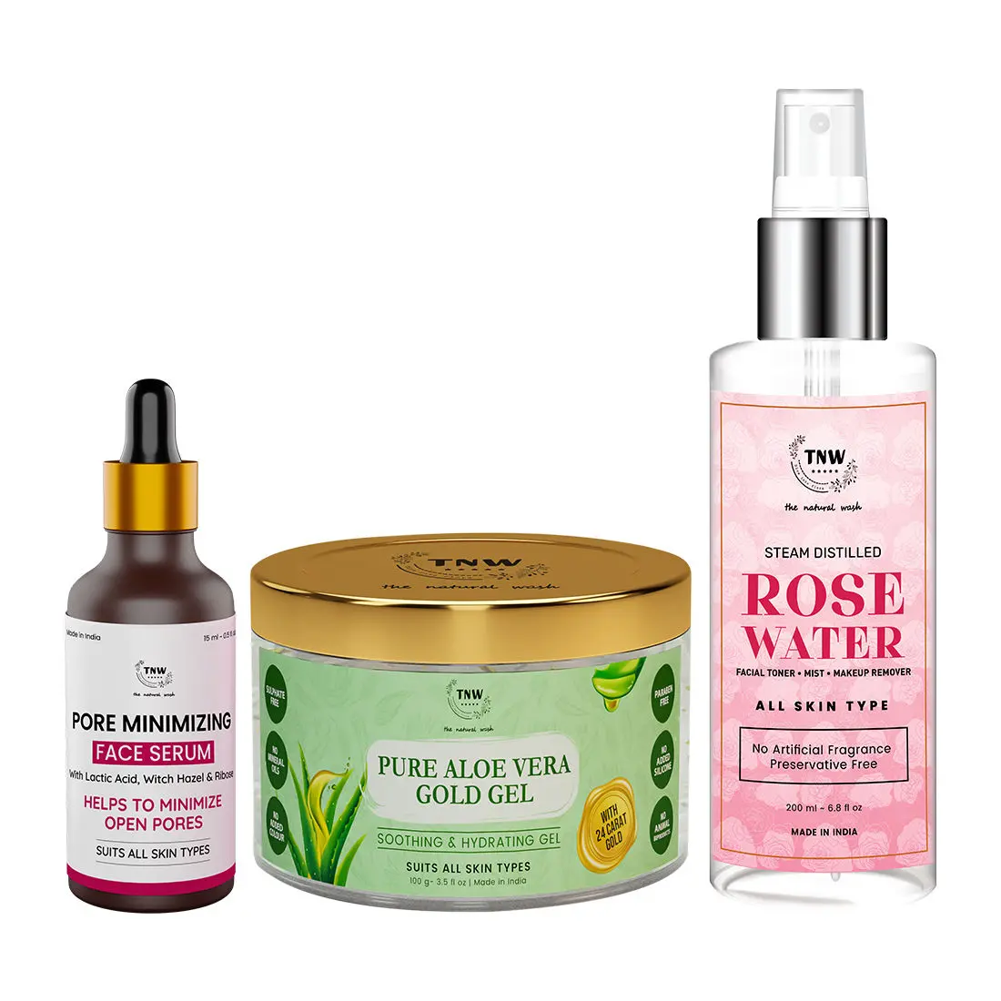 Combo of 3- Aloe Vera Gold Gel 100gm & Rose Water Spray 200ml & Pore Minimizing Face Serum15ml