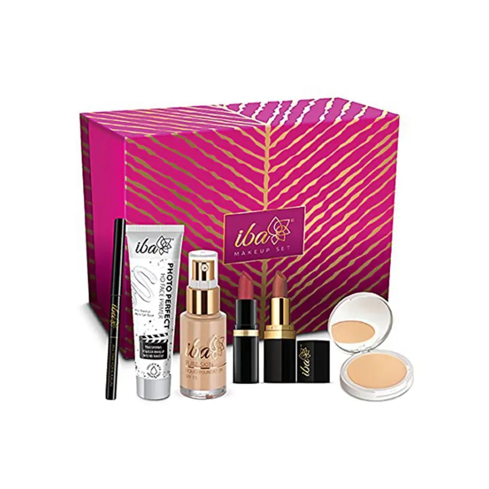 Iba Makeup Gift Set for Women (Medium) - Foundation, Compact, Primer, Lipsticks, Kajal | Long Lasting | Full Coverage | 100% Vegan & Cruelty-Free (6 items in the set)