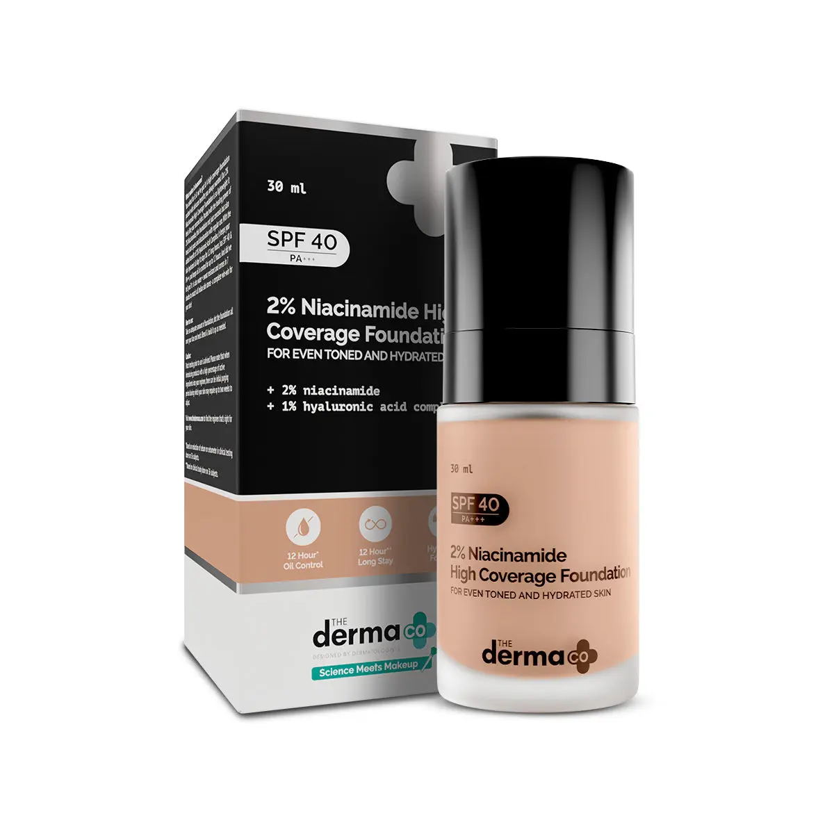 The Derma Co. 2% Niacinamide High Coverage Foundation With 1% Hyaluronic Acid & SPF 40 PA+++ for 12 Hour Long Stay - 02 Nude