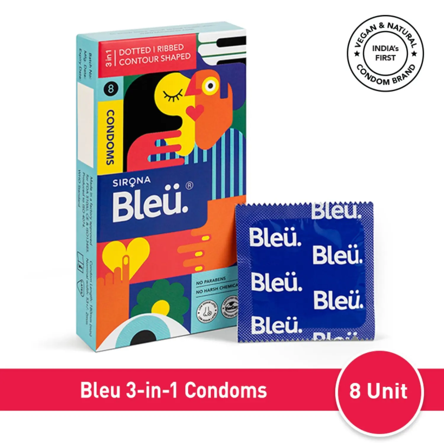 Sirona Bleu 3-In-1 Dotted, Ribbed & Contour Shaped Condoms for Men, 