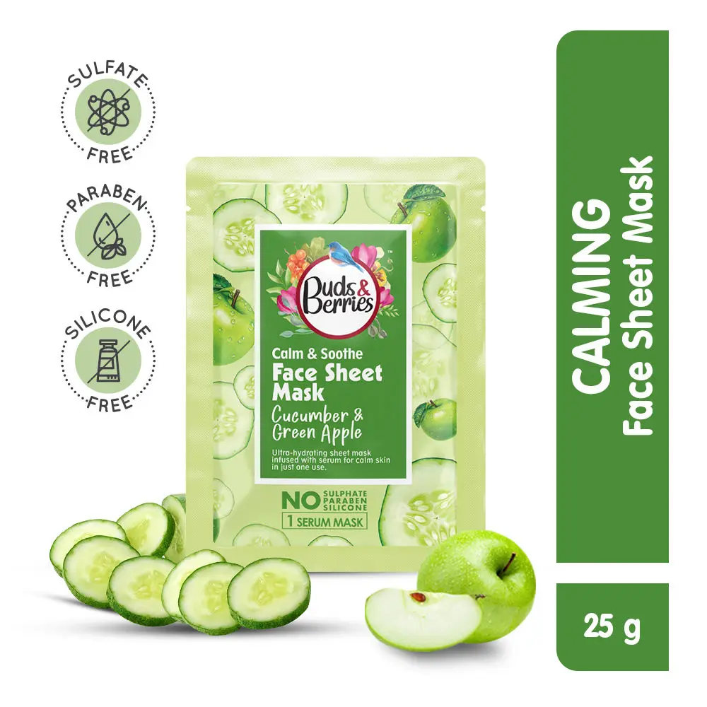 Buds & Berries Calming & Soothing Cucumber & Green Apple Sheet Mask| NO Paraben, NO Silicone, - 25 g