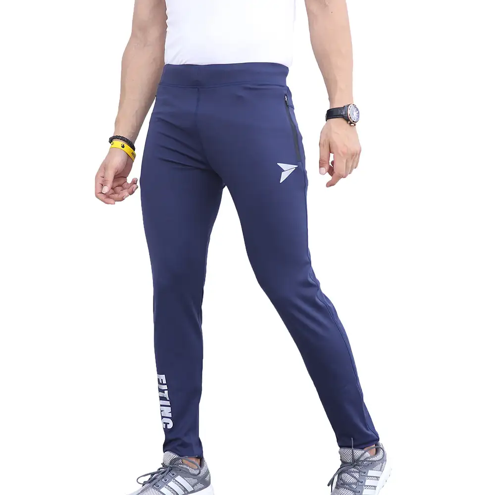 Fitinc Men's Lycra Slim Fit Track Pants with 2 Side Zipper Pockets and Logo,  Navy Blue  XXL