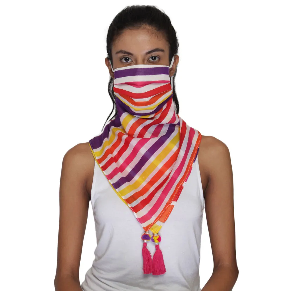 Anekaant 3-Ply Reusable White & Multi Cotton Striped Tesselled Scarf Style Fashion Mask