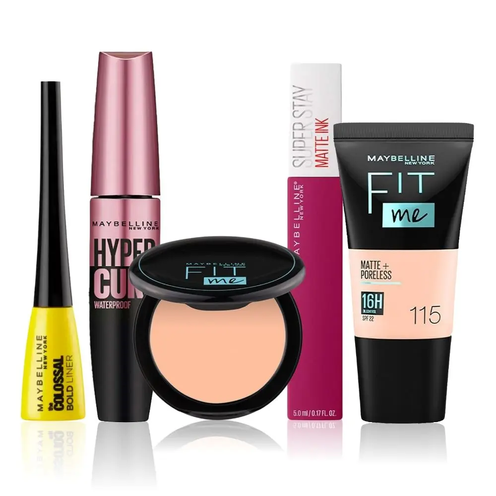 Maybelline NewYork Glamour on the Go Kit 4 |Fit Me Compact 115(6 g) | Fit Me Liquid Foundation Tube 115(18 ml) | Hypercurl Mascara Waterproof Very Black (9.2 g) | Colossal Bold Eyeliner Black(3g | Super Stay Liquid Lipstick 120(5g)