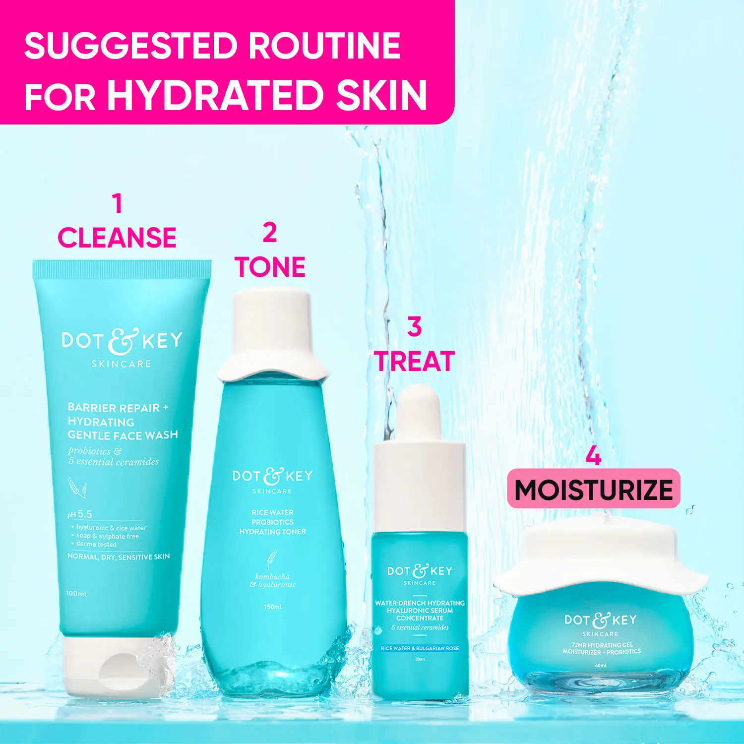 Dot & Key Hydrated Skin Care Routine | Face Wash, Toner, Serum & Moisturizer - 330g