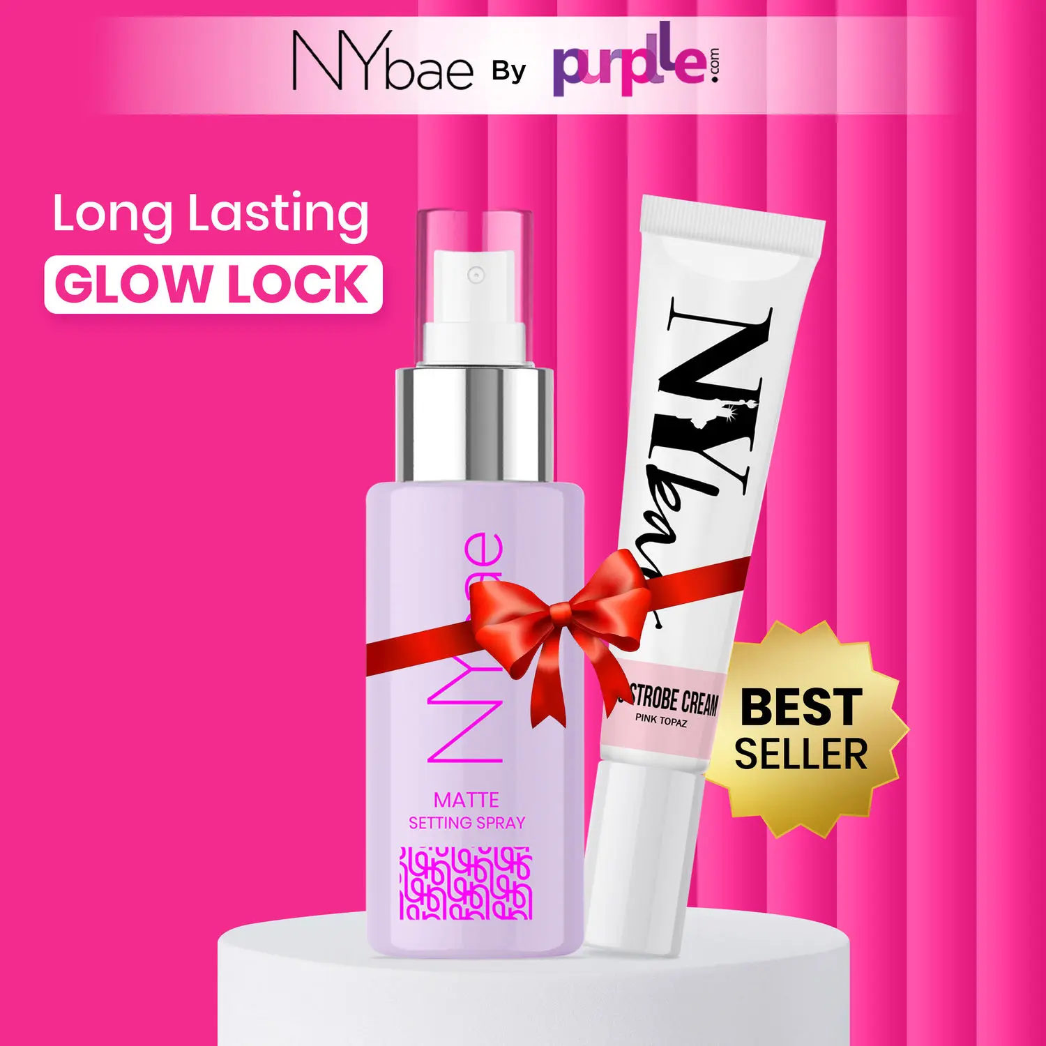 NYbae Long Lasting Glow Lock | Pink Strobe Cream | Matte Setting Spray | Glowing Korean Skin | Green Tea Infused | NYbae Makeup Kit | Glow Combo