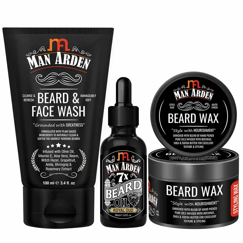 Man Arden Beard &Face Brightening Combo,  3 Piece(s)/Pack  Beard Face & Wash, 7X Beard Oil Royal Oud, Beard Wax