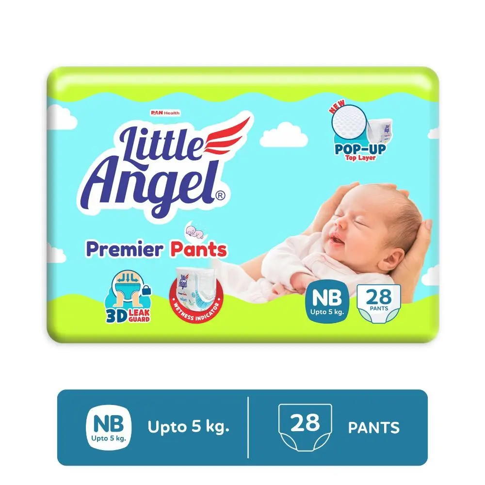 Little Angel Premier Pants Baby Diaper, New Born (NB/XS) Size, 28 Count, Cottony Soft Material, Wetness Indicator, Breathable Layer, Extra Dry Core, Stretchable Sides, Pack of 1, up to 5 kgs