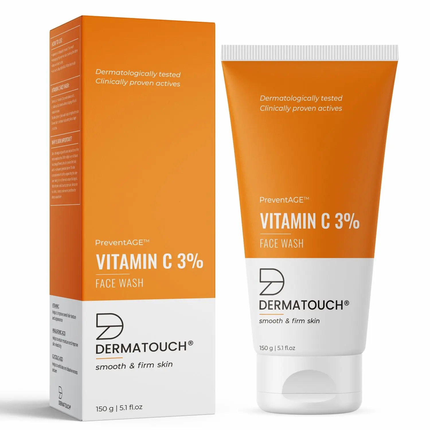 DERMATOUCH Vitamin C 3% Face Wash for Glowing Skin | Smooth & Firm Skin | Anti-aging Face Wash for Men & Women - 150G