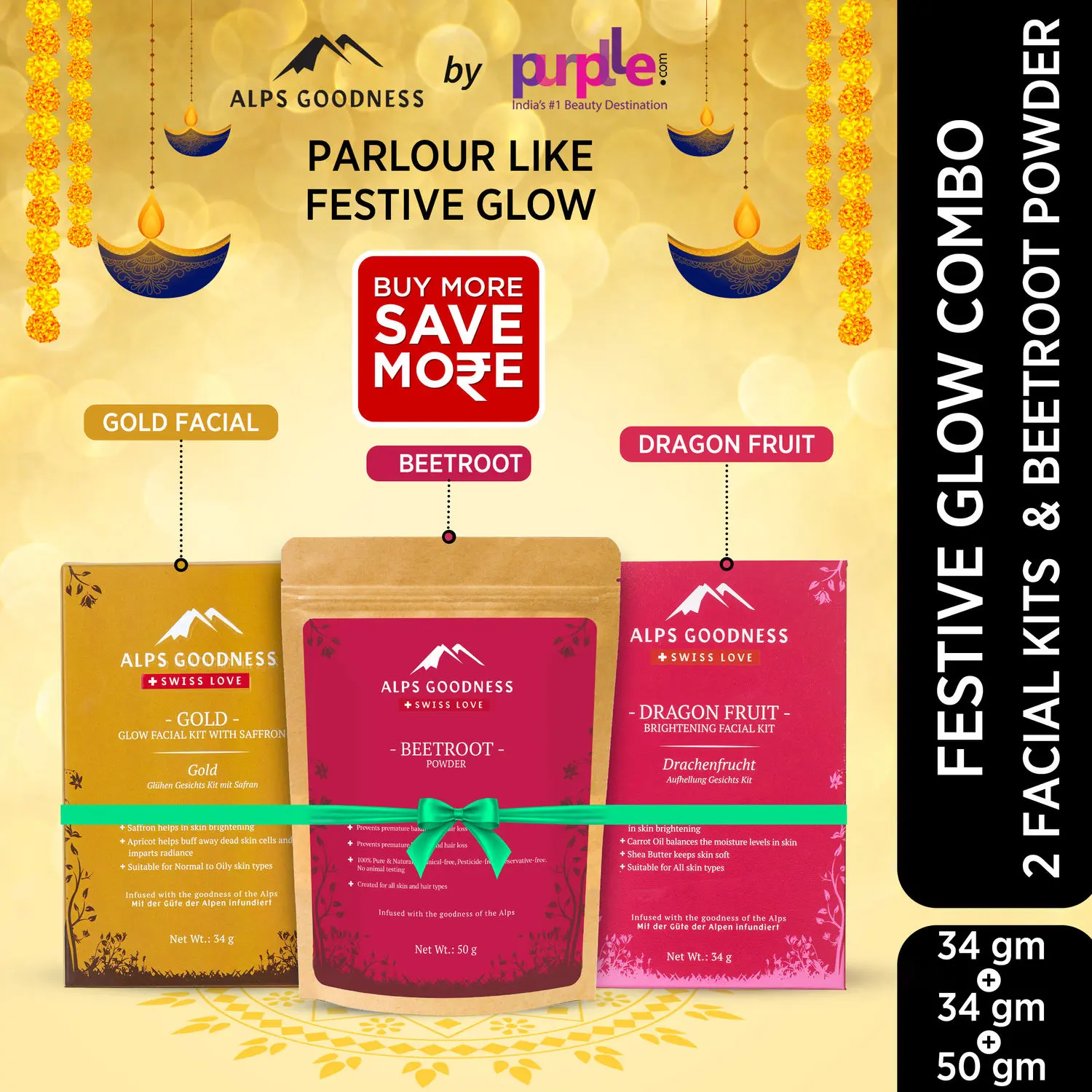 Alps Goodness Festive Combo (Pack of 3) | Beetroot Powder, Gold Facial Kit & Dragon Fruit | Festive Combo | Facial Kit & beetroot powder | Best for glowing skin | Super savings pack | Best gift for women