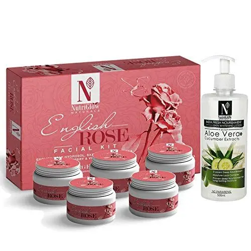 NutriGlow NATURAL'S English Rose Facial Kit (260gm) With Aloe Vera & Cucumber Lotion (500ml) For Skin Nourishment