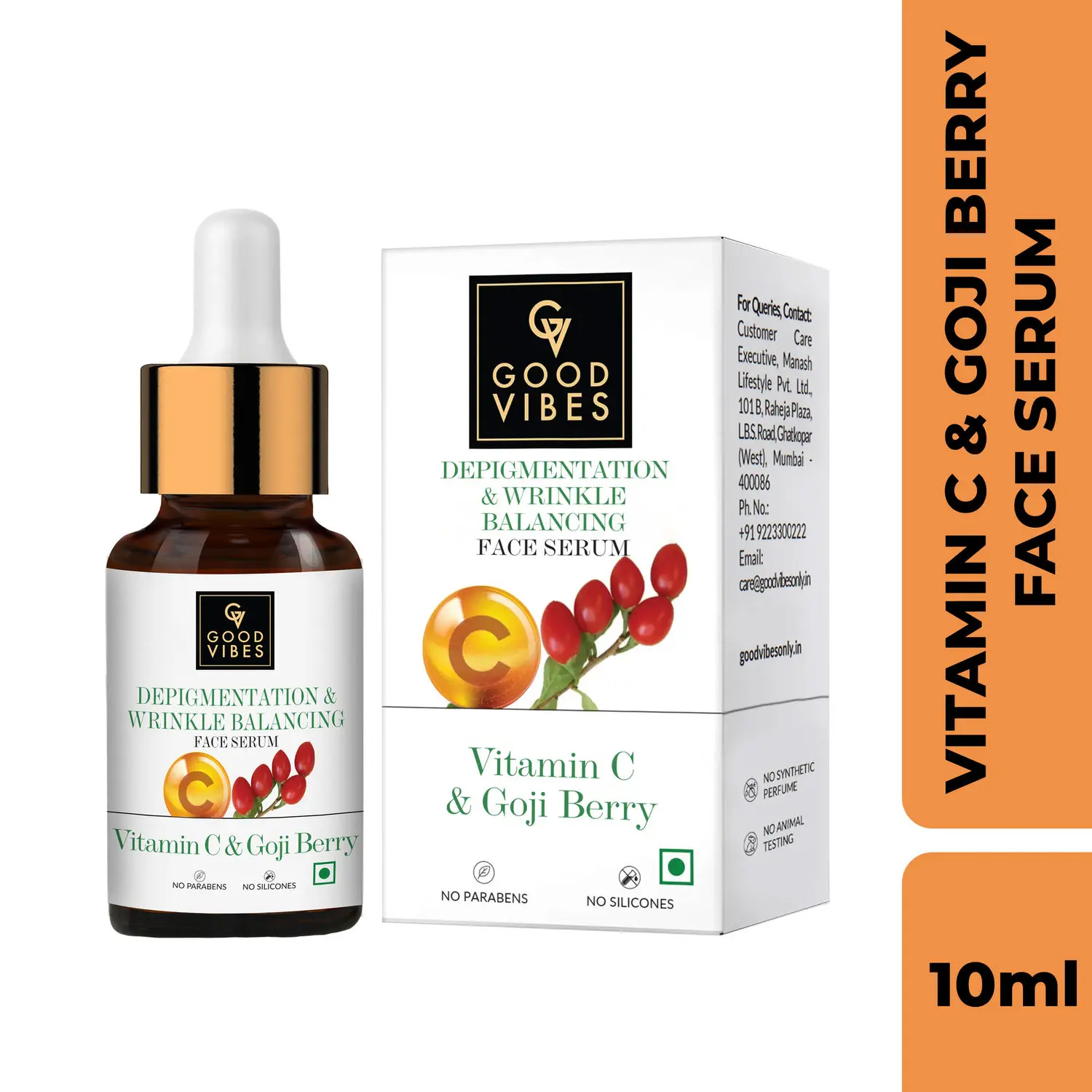 Good Vibes Vitamin C & Goji Berry Depigmentation & Wrinkle Balancing Face Serum | Lightening | With Aloe Vera | No Parabens, No Sulphates (10 ml)