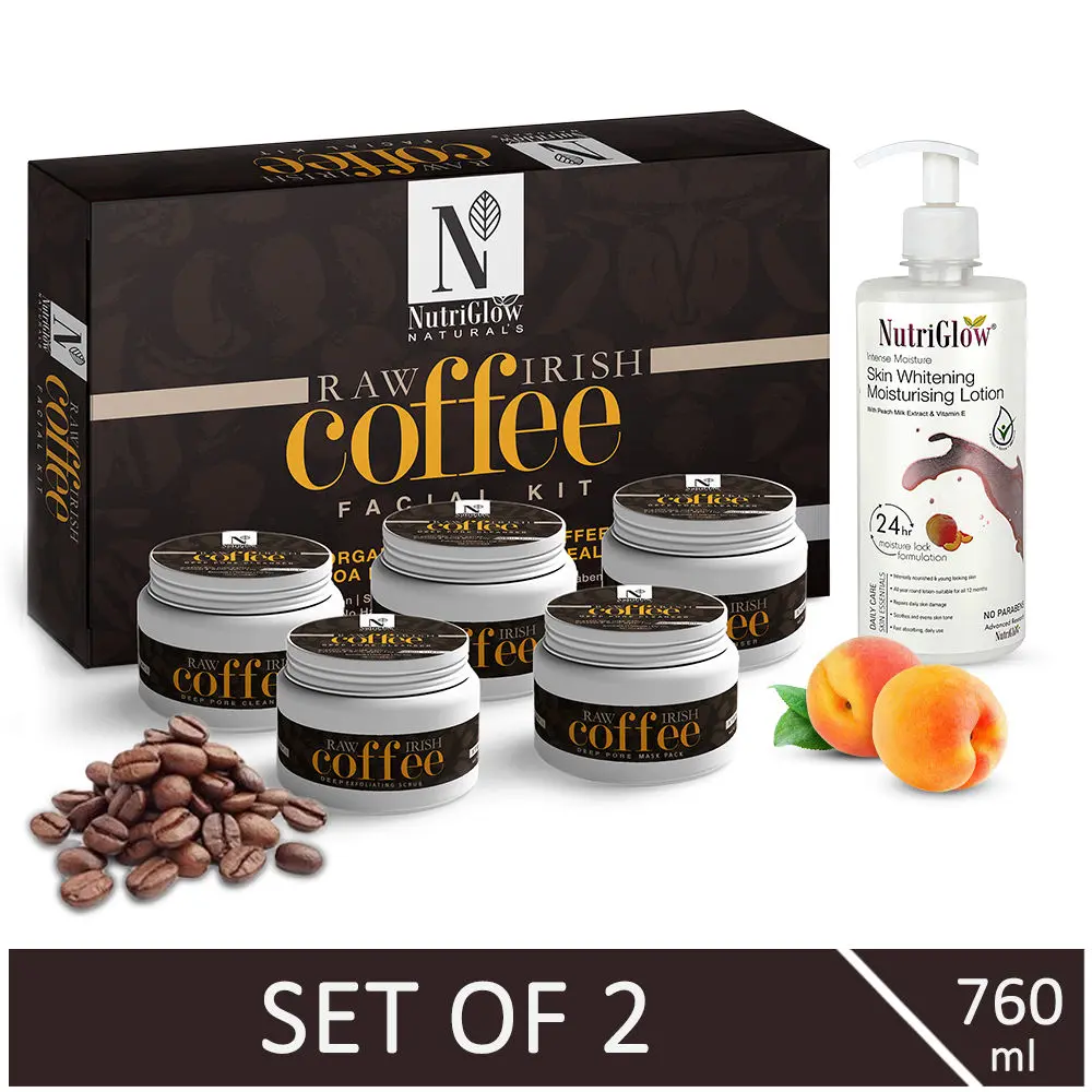 NutriGlow NATURAL'S Raw Irish Coffee Facial Kit (260 gm) & Skin Whitening Moisturising Lotion (500 ml) For Natural Glowing