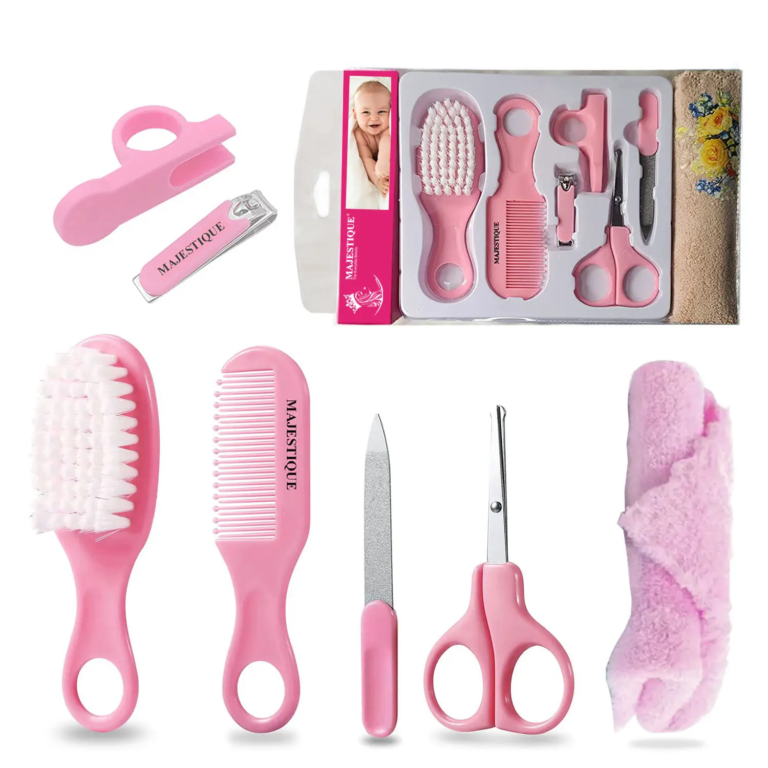 Majestique Baby Grooming Set - Brush, Comb, Clipper, File & Baby Towel 7Pcs - Pink (Color May Vary)