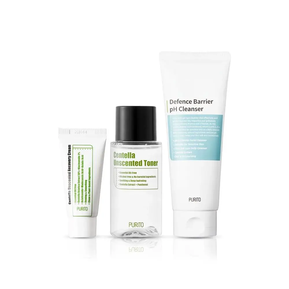 Korean CTM Combo | PURITO | Defence Barrier pH Cleanser | Centella Unscented Toner | Centella Unscented Recovery Cream