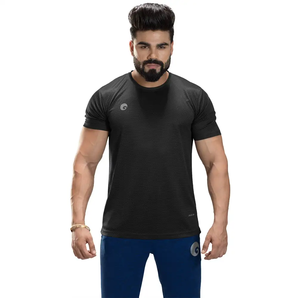 Omtex Gym Polyester T Shirt TS1801,  Black  Small