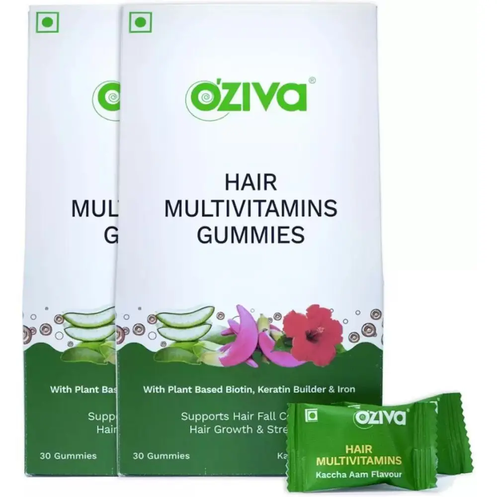 OZiva Biotin Hair Multivitamin Gummies with Keratin Builder for Hair Fall Control, Pack of 2