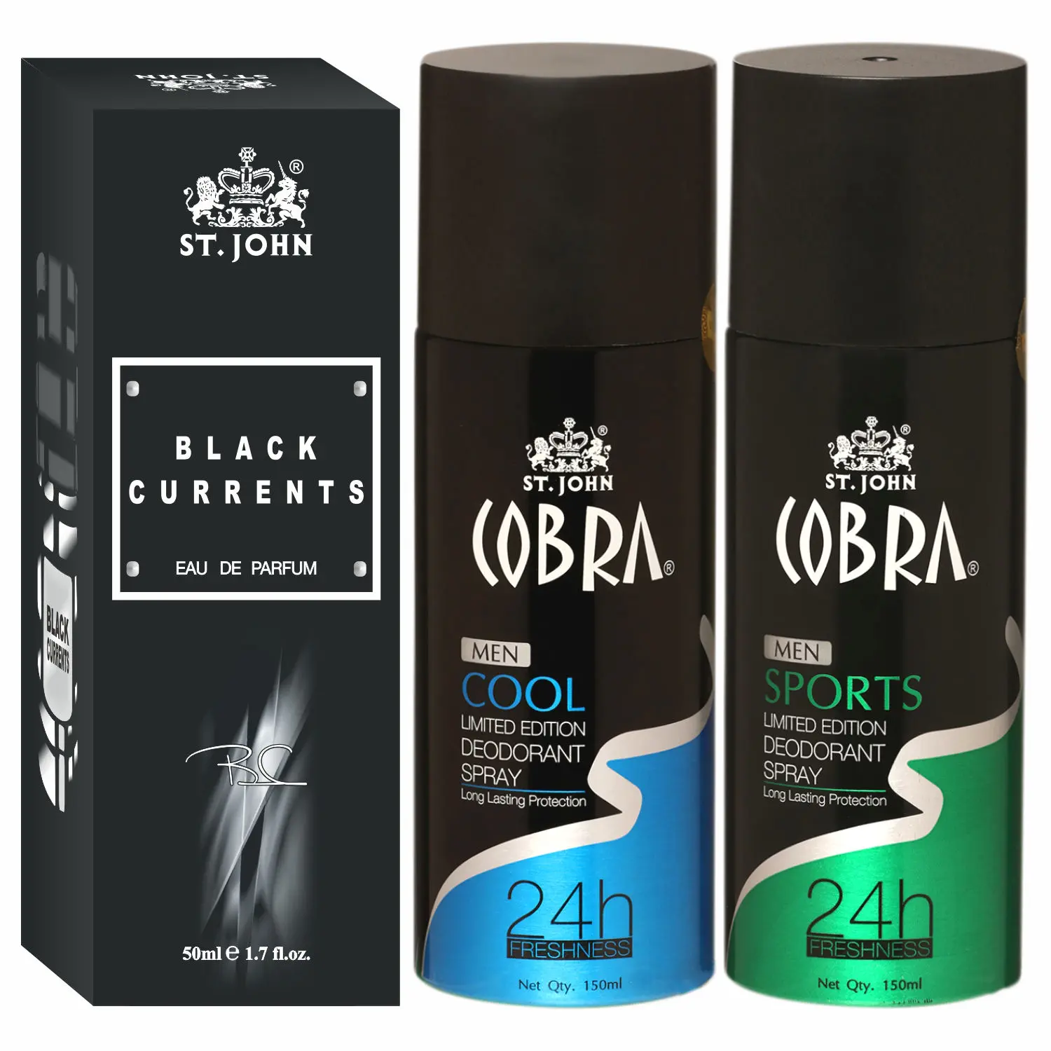 ST-JOHN Cobra Deodrant Cool & Sports 150 ml each & Black Current 50ml Perfume Combo Pack Perfume Body Spray - For Men & Women (350 ml, Pack of 3)