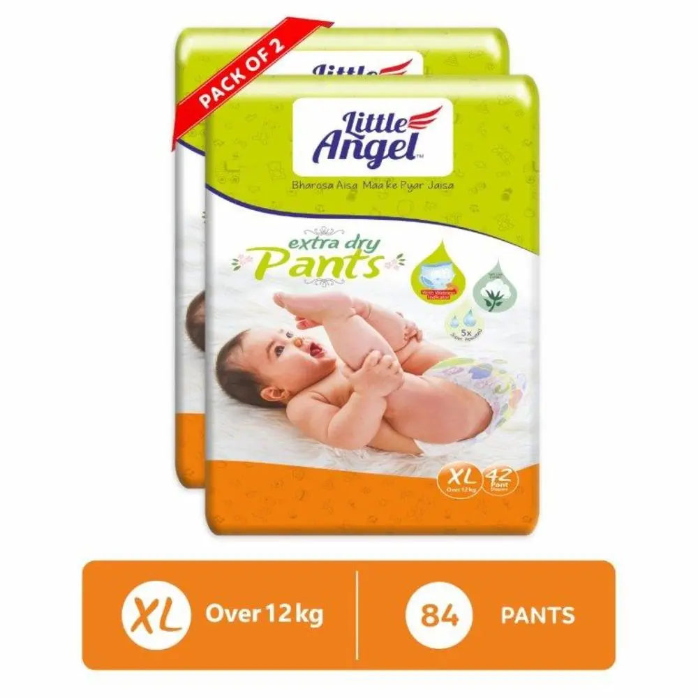 Little Angel Extra Dry Baby Pants Diaper, Extra Large (XL) Size, 84 Count, Super Absorbent Core Up to 12 Hrs. Protection, Soft Elastic Waist Grip & Wetness Indicator, Pack of 2, 42 count/pack, Over 12kg