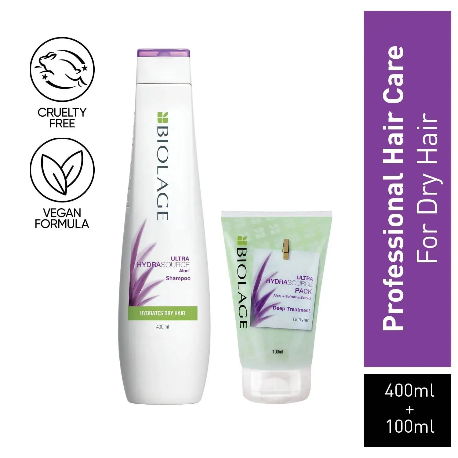 Biolage Ultra Hydrasource Hydrating Shampoo + Combo of Hydrasource Deep Treatment Pack (400ml + 100ml)|For Dry Hair