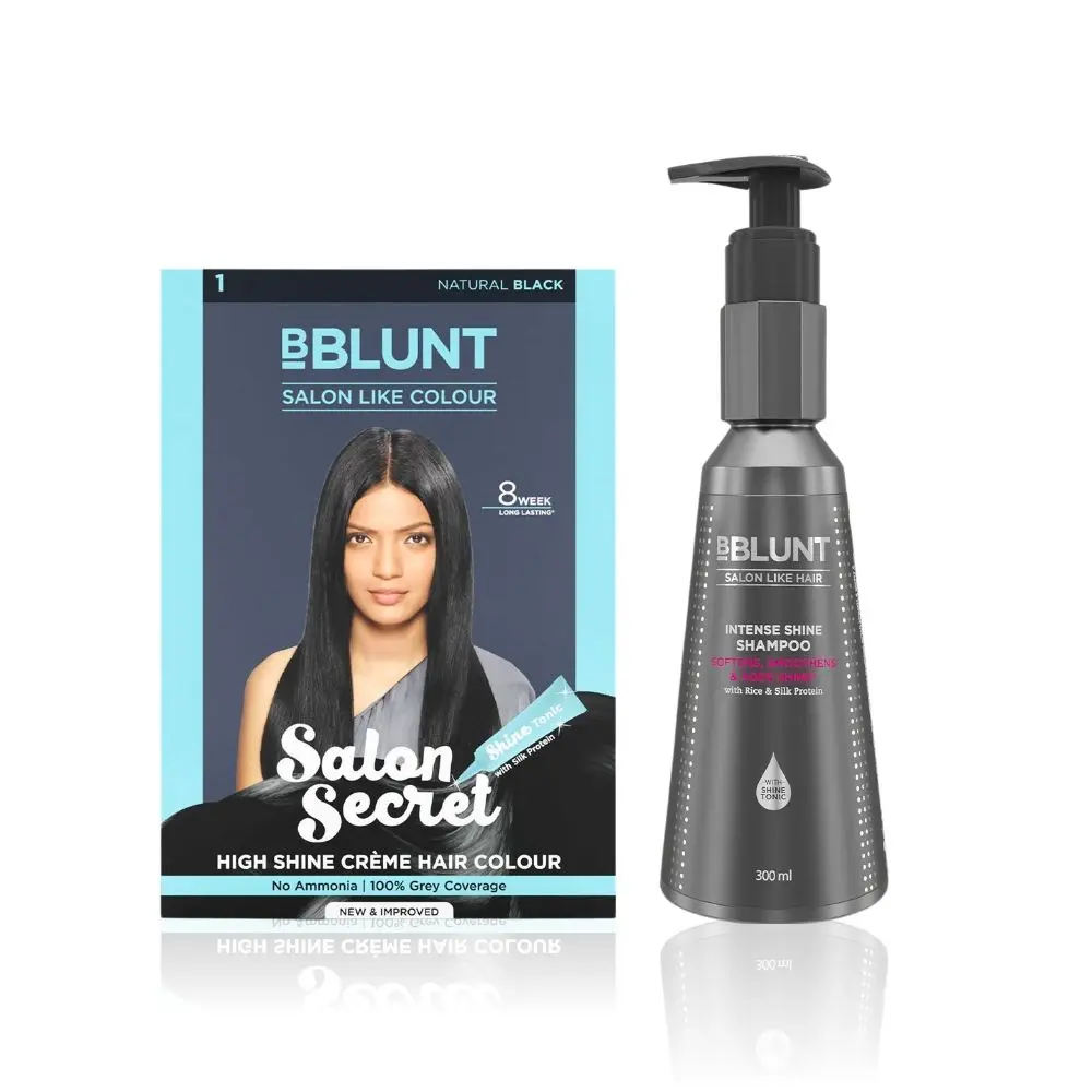 BBlunt Salon Secret High Shine Creme Hair Colour - Natural Black (152 ml) + BBLUNT Intense Shine Shampoo with Rice & Silk Protein for 23X* Shinier Hair - 300 ml