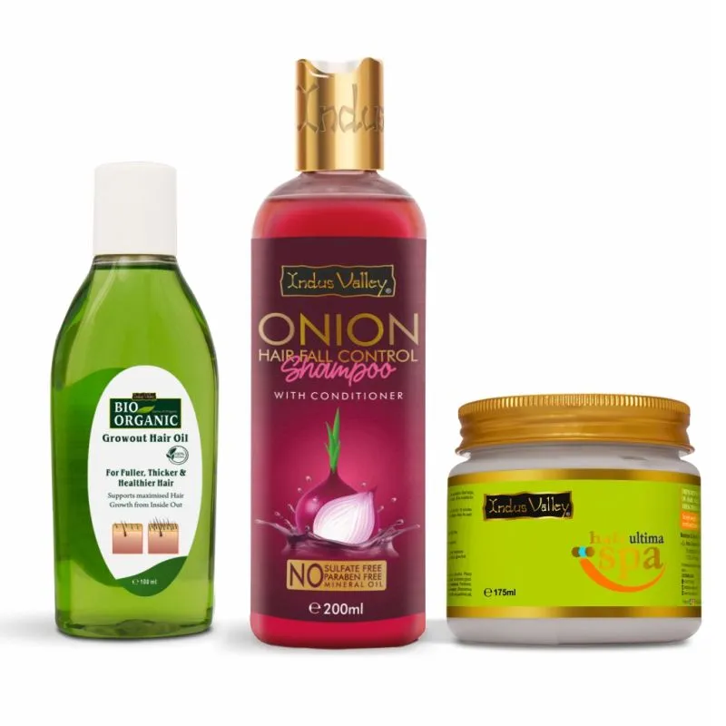 Indus Valley Hair Care Combo Of Onion Hair Fall Control Shampoo, Growout Oil & Hair Mask Ultima Spa