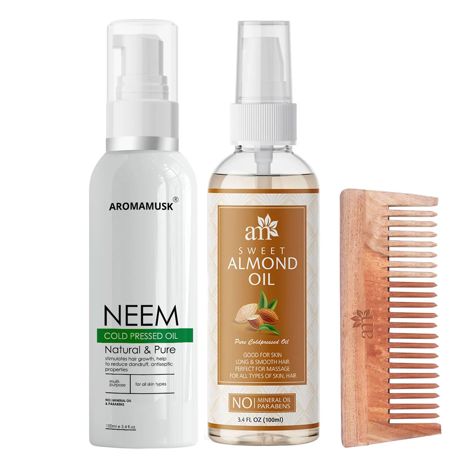 AromaMusk Organic 100% Pure Cold Pressed Neem & Sweet Almond Oil with Wide Tooth Neem Wood Comb