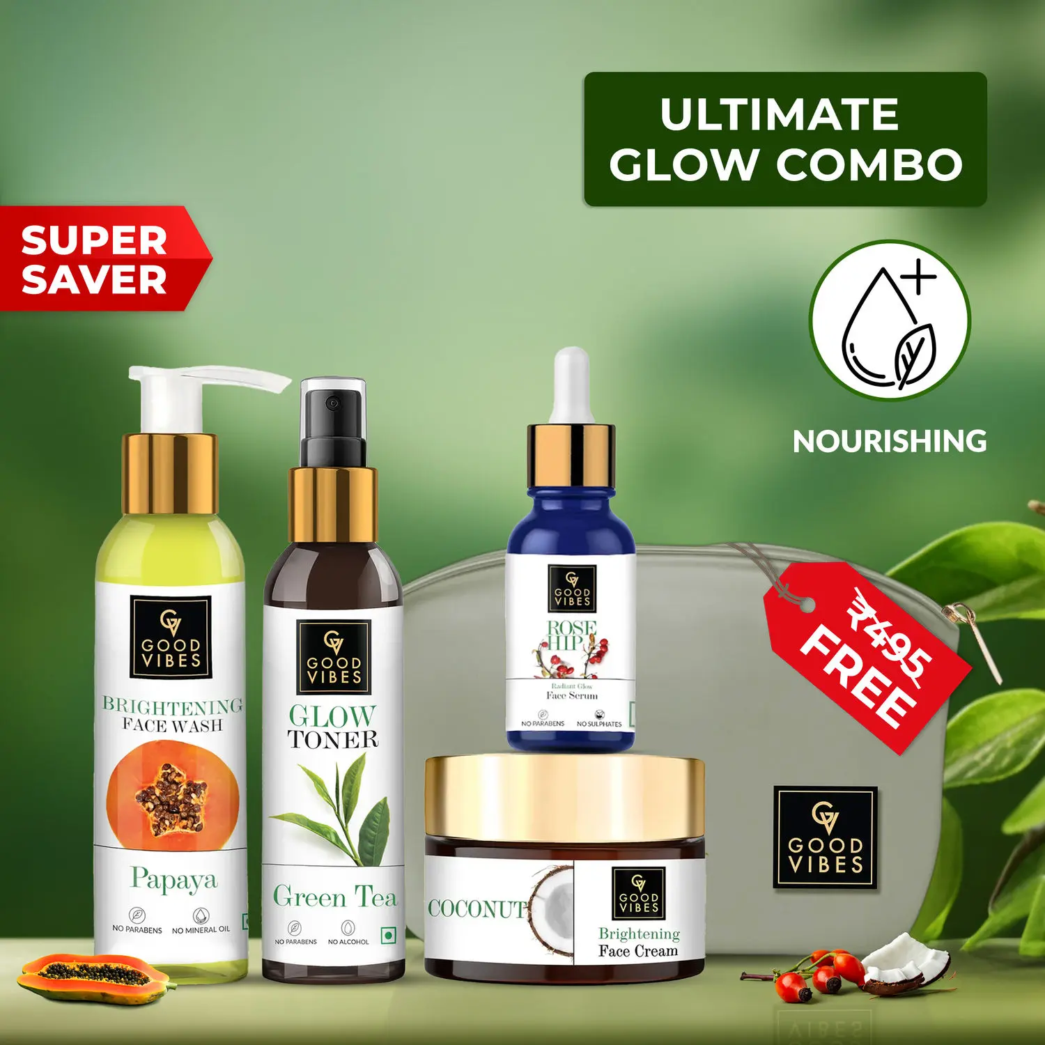 Good Vibes Ultimate Glow Combo Kit (Papaya Face Wash, Rosehip Serum, Green Tea Toner, Coconut Cream) (Free Pouch)