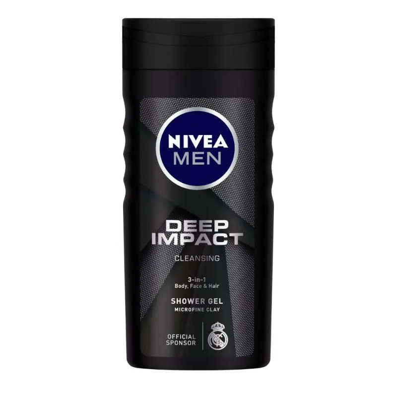 NIVEA Men Body Wash, Deep Impact, 3 in 1 Shower Gel for Body, Face & Hair, with Microfine Clay