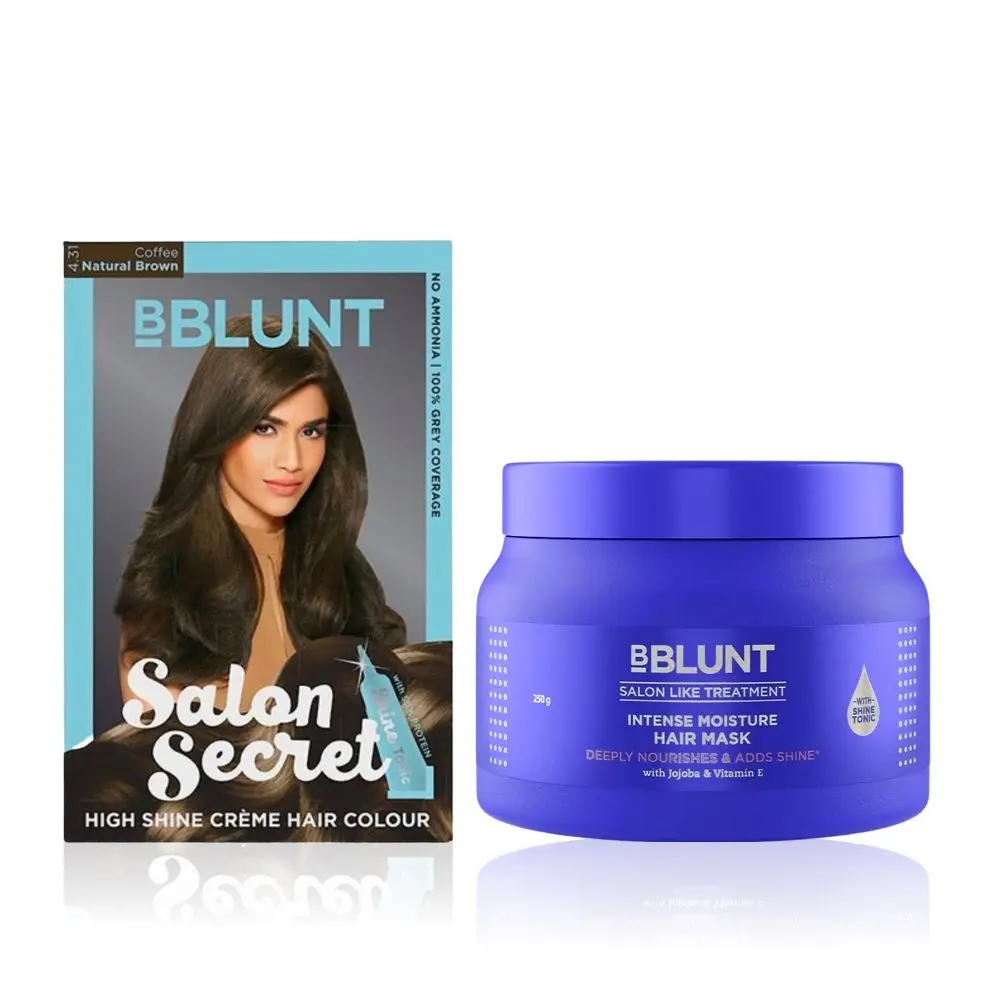 BBLUNT Salon Secret High Shine Creme Hair Colour Coffee Natural Brown 4.31 ( 100 g+8ml)+Intense Moisture Hair Mask with Jojoba Oil & Vitamin E for Nourished & Shiny Hair - 250 g