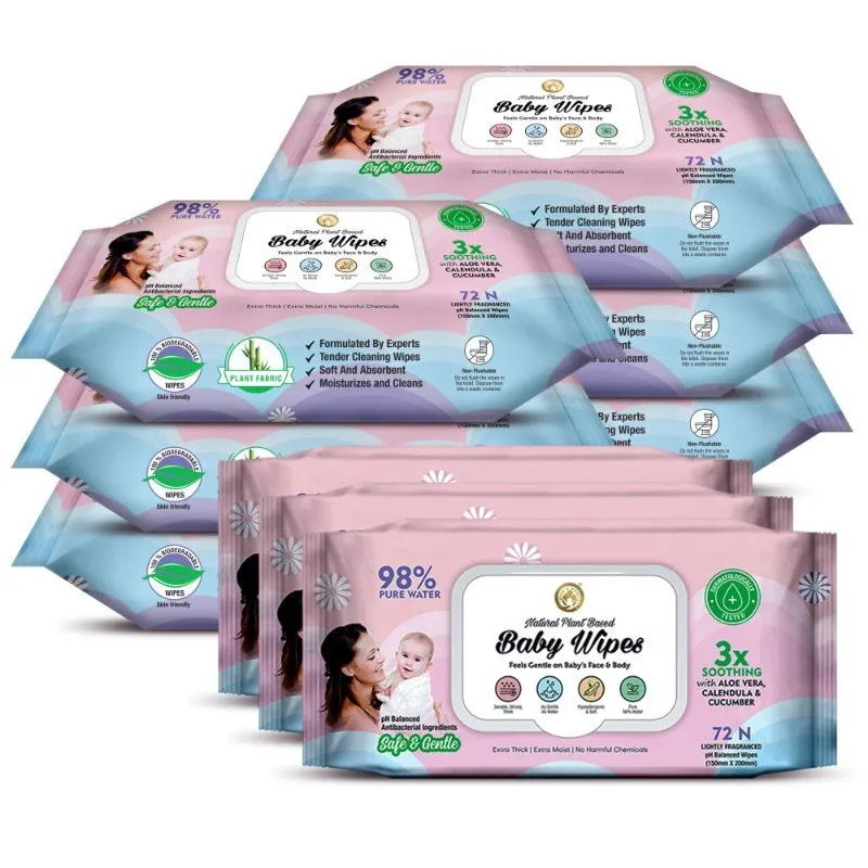 Mom & World Natural 98% Pure Water Baby Wipes, 3X Soothing, Extra Thick, 72 N Wipes