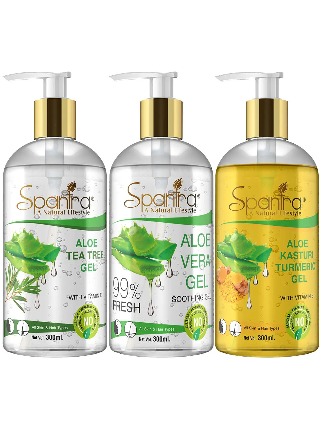 Spantra Aloe Tea Tree Gel , Aloevera Gel and Kasturi Turmeric Gel, 300ml each, Pack of 3