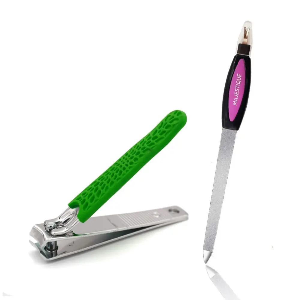 Majestique Nail Clipper with Nail Filer - Compact Nail Cutter Big Size and Small Size with Curved Blades - Color May Vary