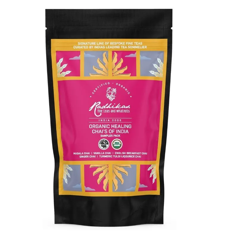 Radhikas Healing Chai's of India (Sampler Pack), Certified Organic, Assam CTC Chai, Cold & Hot Brew, 5 Flavour Pack