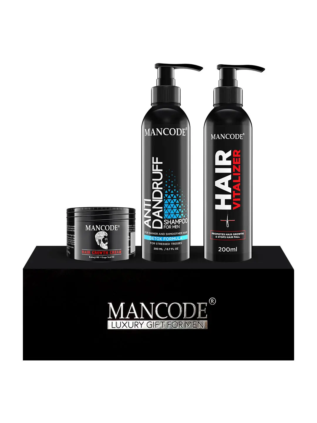 Mancode Gift Set for Men - Premium Luxury Hair Care Kit (Anti Dandruff Shampoo + Hair Growth Cream + Hair Vitalizer) Gift Set - 09