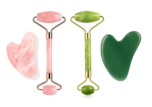 Getmecraft Rose Quartz Face Roller And Gua Sha Set With Jade Face Roller And Gua Sha Set