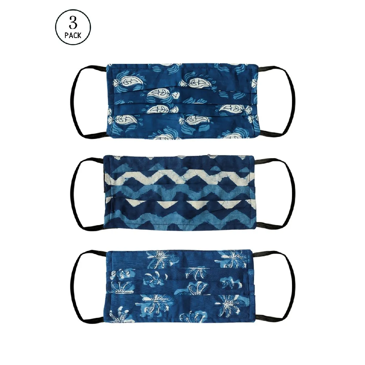 Bellofox 3-Ply Blue Indigo Paisley- Indigo Zigzag & Indigo Flower Cotton Face Mask (Pack Of 3)