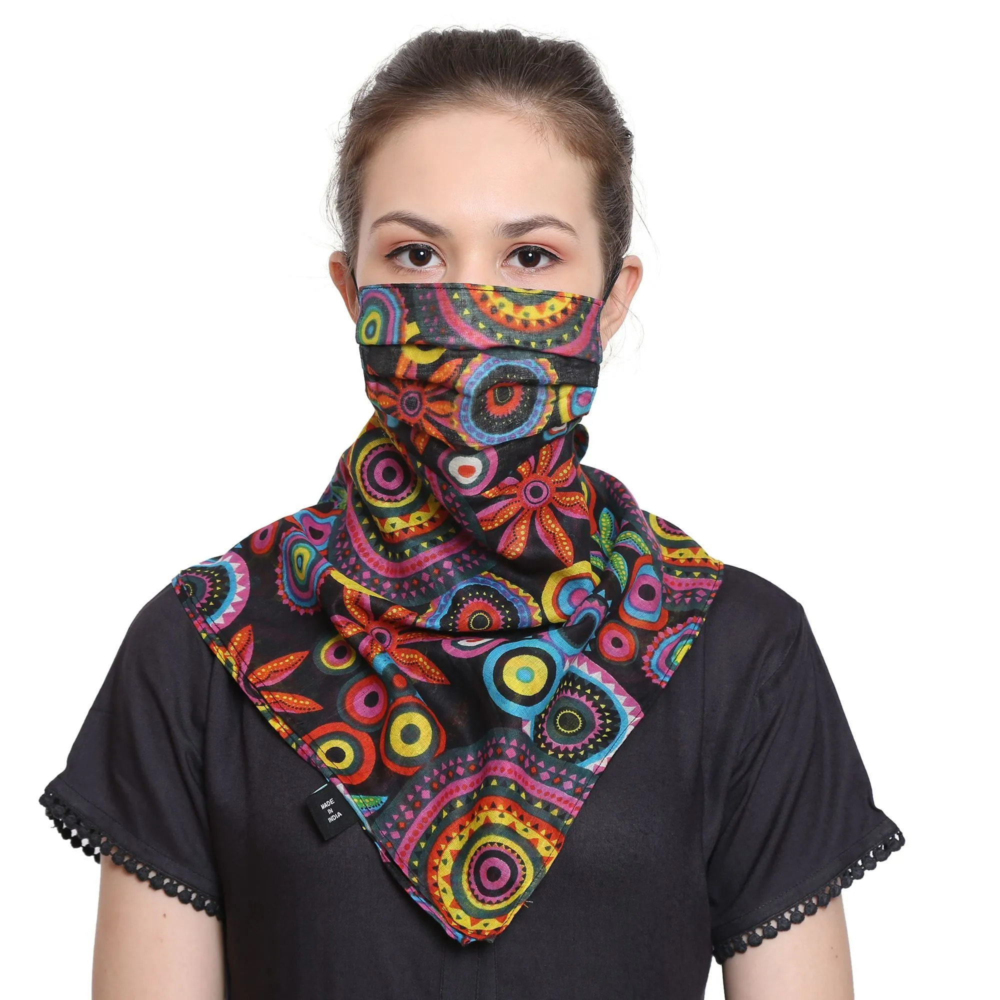 Anekaant 3-Ply Reusable Black & Multi Cotton Printed Scarf Style Fashion Mask