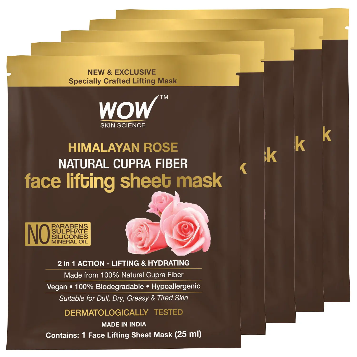 WOW Skin Science Himalayan Rose Natural Cupra Fiber Face Lifting Sheet Mask - Skin Brightening, Skin Smoothening And Skin Toning - 25 Ml - Pack of 5