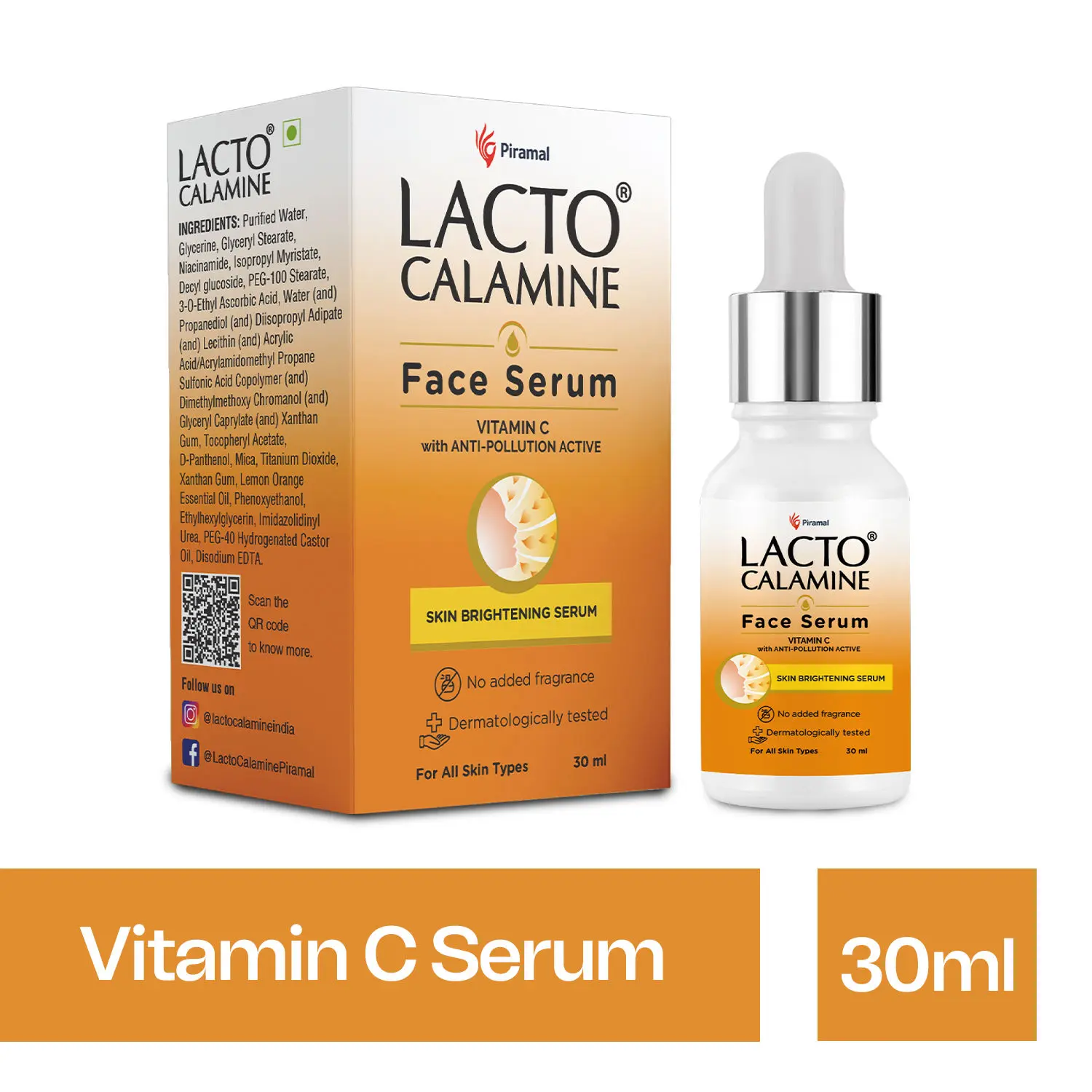 Lacto Calamine Vitamin C Face Serum for Glowing Skin with Niacinamide | Vitamin C Serum for Oily Skin with Pollushield, Vitamin E, B3 and B5 |Face Serum For Women | 30 ml (Pack of 1)