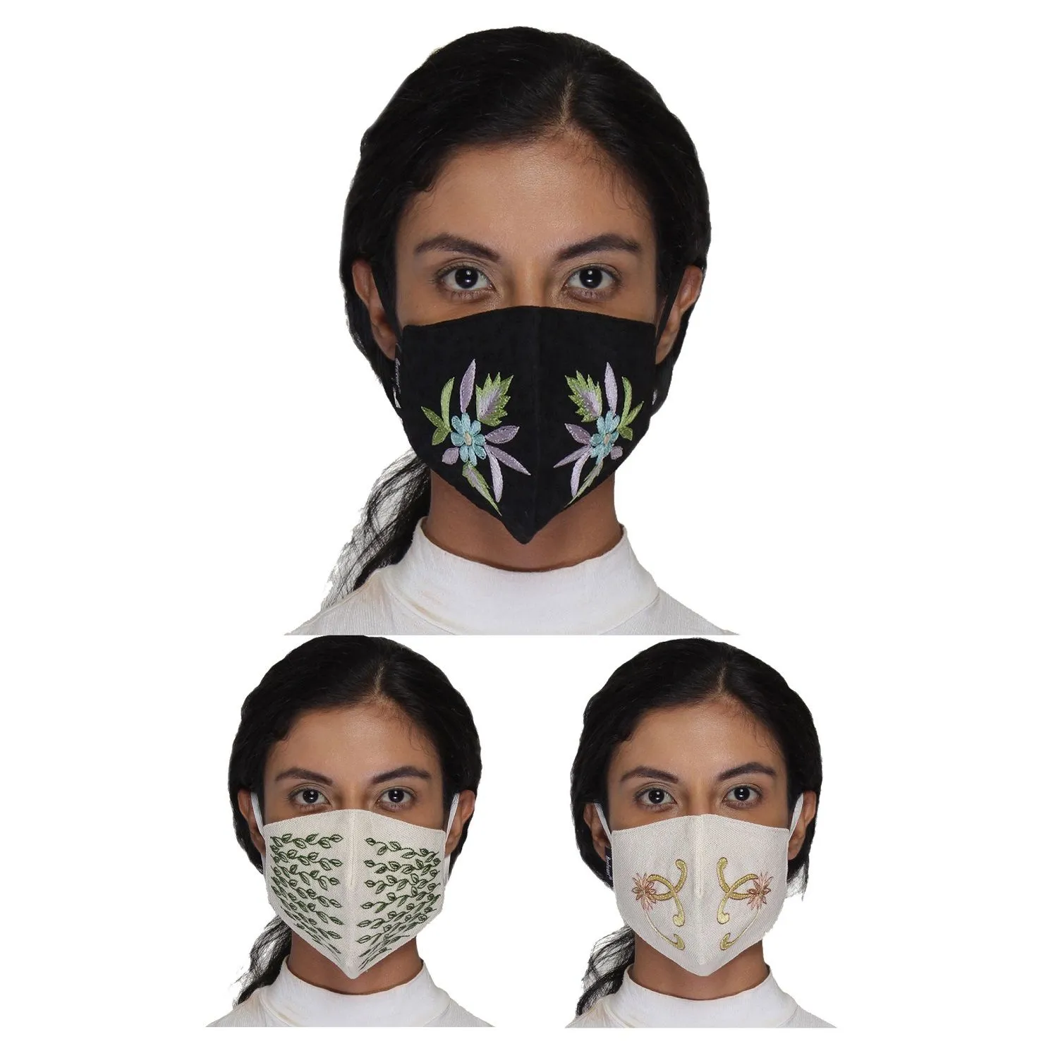 Anekaant Multicolor Reusable 3-Ply Cotton Embroidered Fabric Fashion Mask (Pack Of 3)