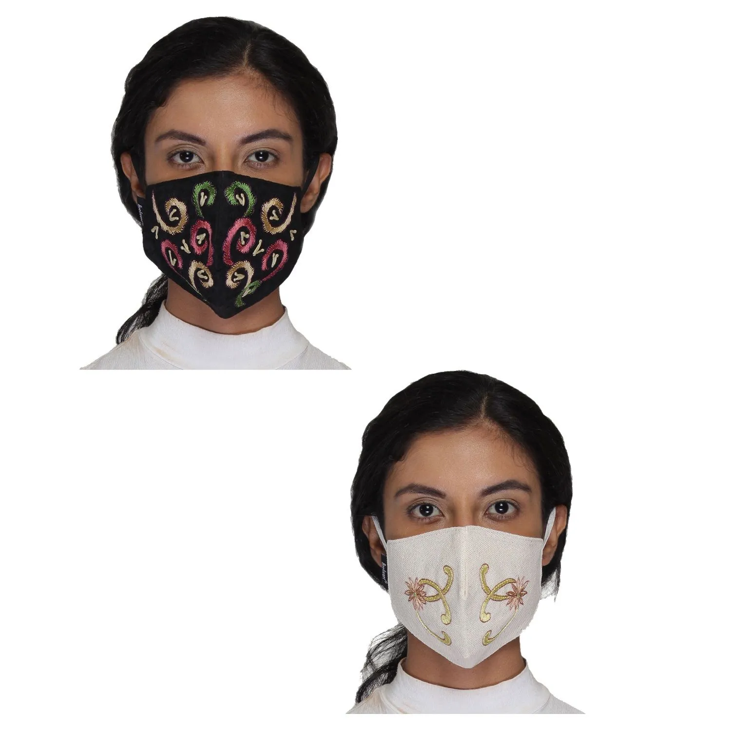 Anekaant Multicolor Reusable 3-Ply Cotton Embroidered Fabric Fashion Mask (Pack Of 2)