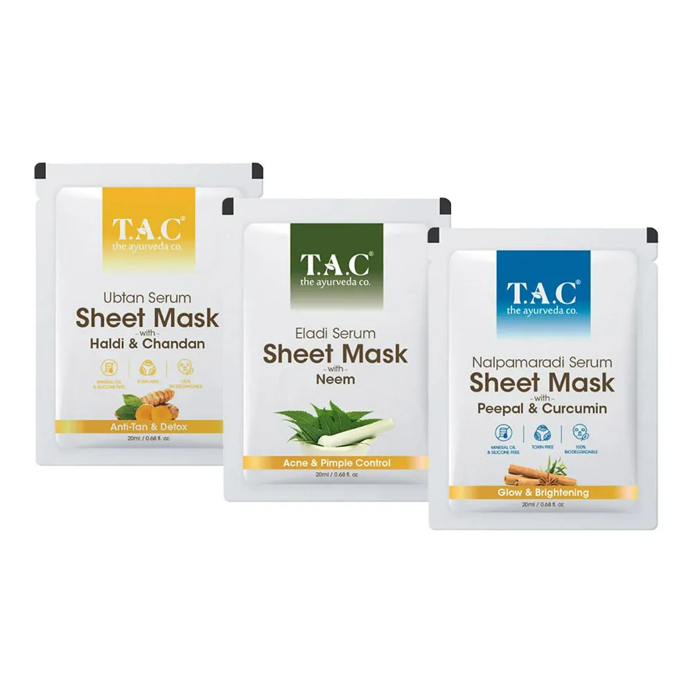 TAC - The Ayurveda Co. Ubtan Serum, Eladi Serum & Nalpamaradi Face Serum Sheet Mask - Pack Of 3