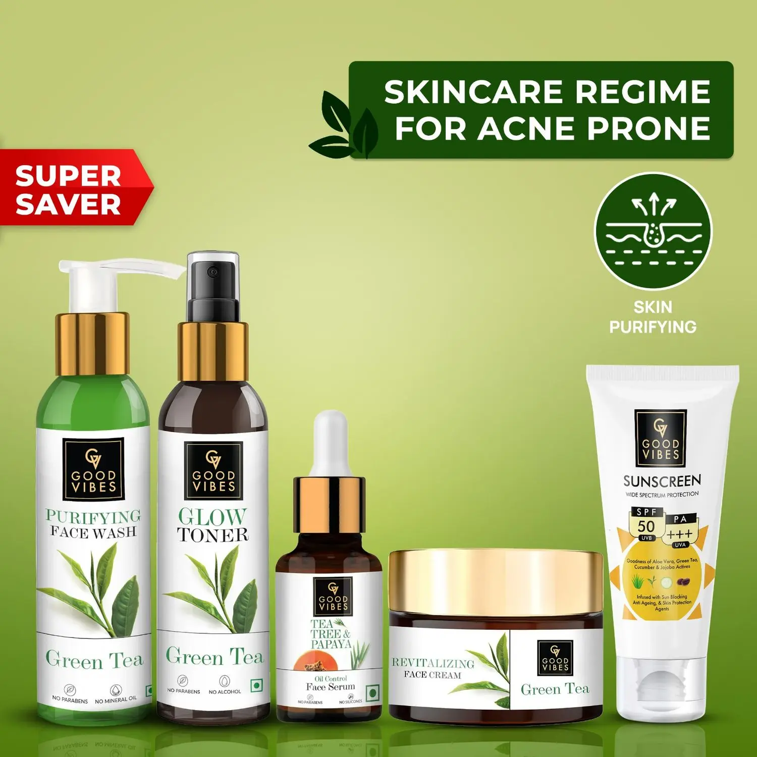 Good Vibes Skincare Regime For Acne Prone (Green Tea Face Wash+ Green Tea Toner+ Tea Tree & Papaya Face Serum+ Tea Tree Nourishing Gel+ Sunscreen with SPF 30)