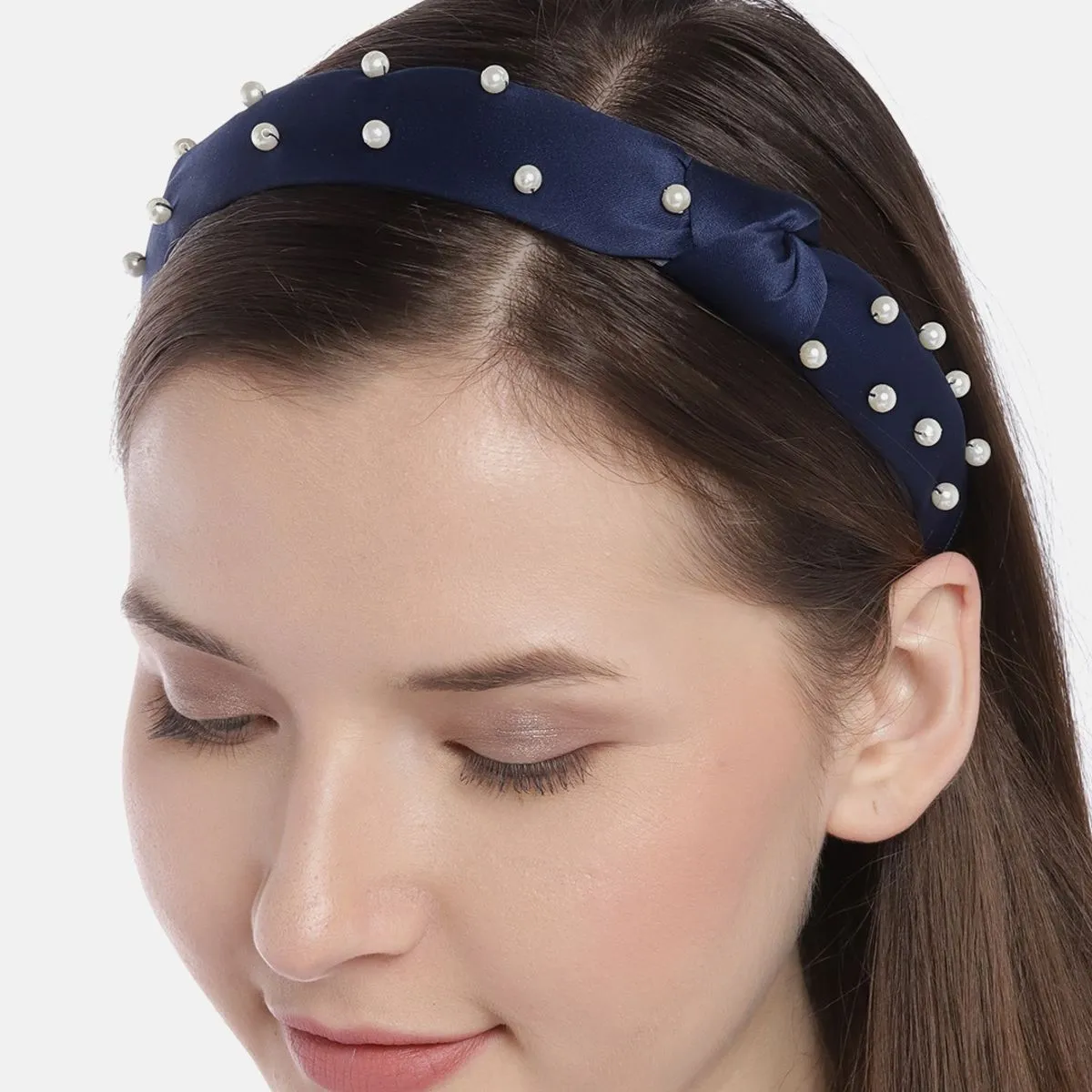 Blueberry Blue Satin With Pearl Embellishment Knot Hair Band