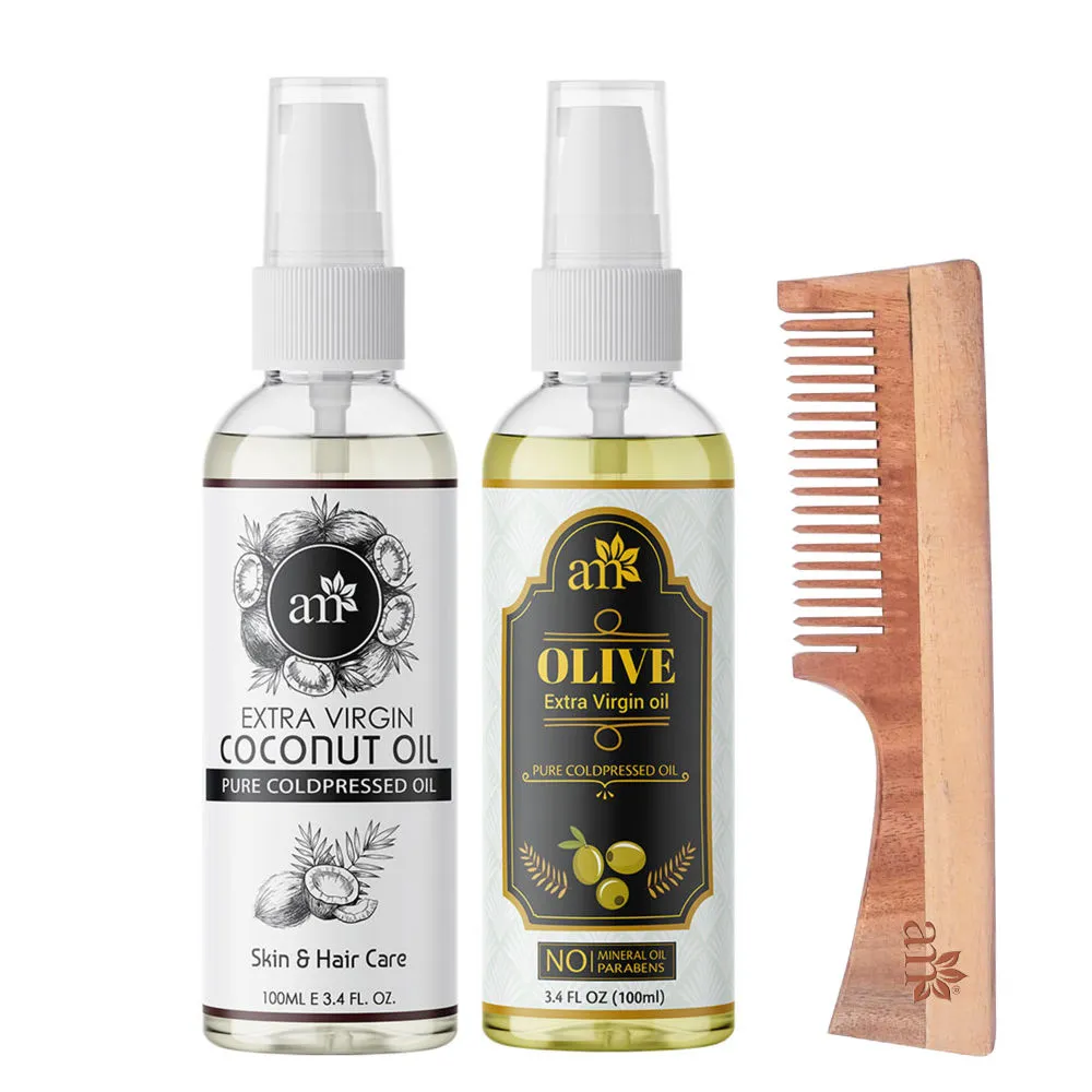 AromaMusk Organic 100% Pure Cold Pressed Coconut Olive Oil & Neem Wood Comb with Handle