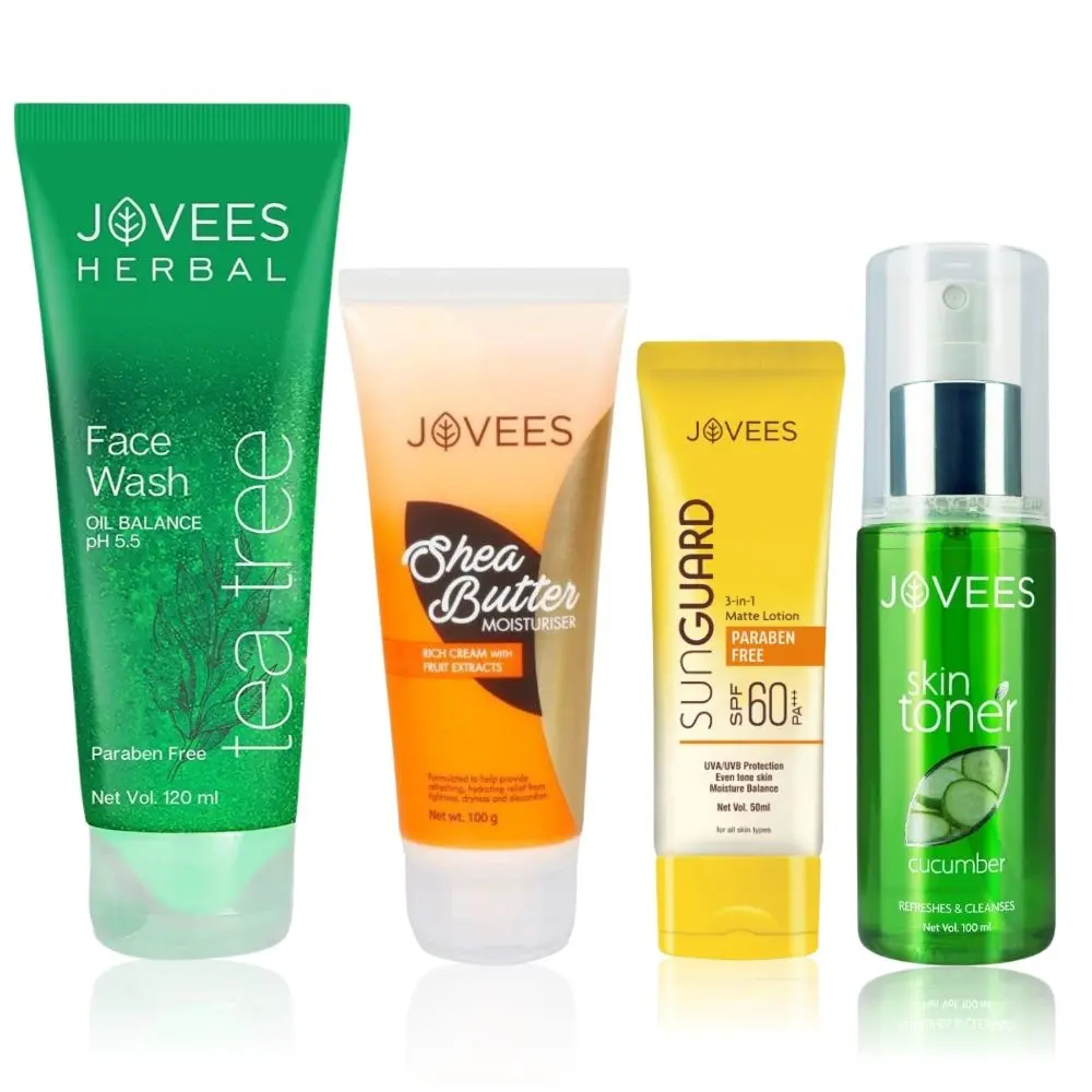 Jovees CTMP Combo | Tea Tree Oil Control Face Wash 120 Ml | Cucumber Skin Toner 100 ml | Shea Butter Moisturizer 100gm | Sun Guard Lotion SPF 60 50ml