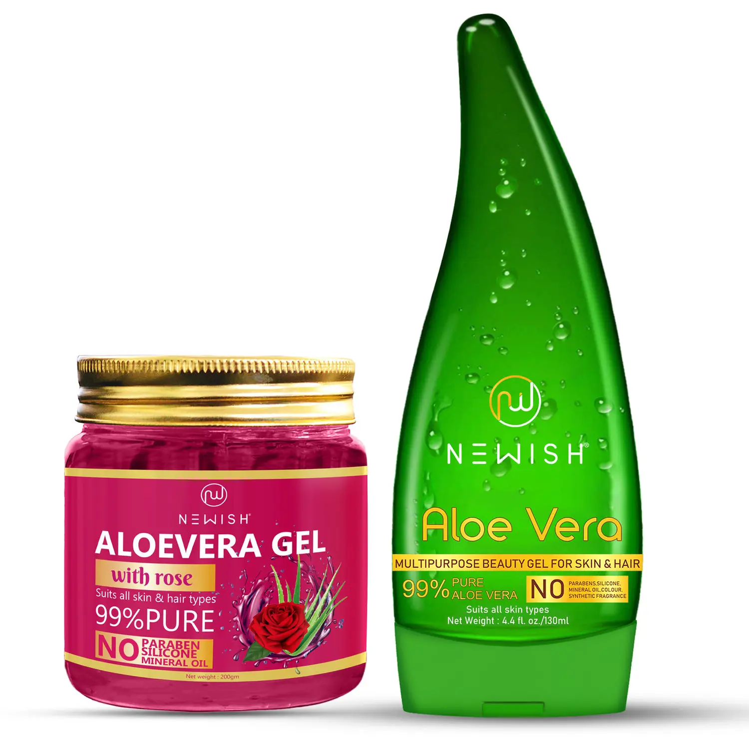 Newish Organic Aloe Vera Gel for Acne, Scars, Glowing & Radiant Skin Treatment, Rose Extracts- Pack of 2