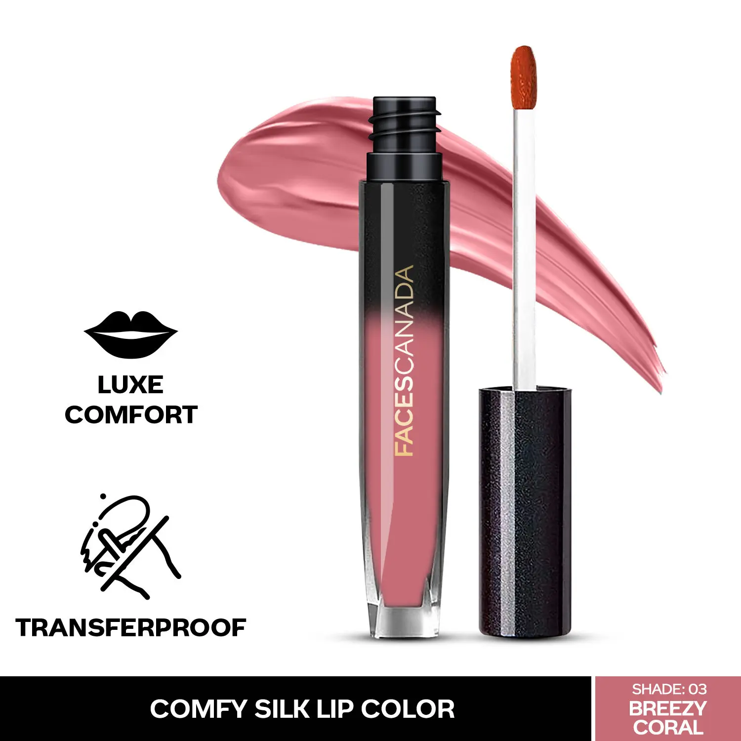 Faces Canada Comfy Silk Lip Color I Satin Matte HD Finish Liquid Lipstick I Mulberry Oil I Luxe Comfort I Longlasting I No Dryness | Alcohol, Paraben & Cruelty Free - Breezy Coral 03 | 3 ml